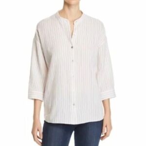 Eileen Fisher Mandarin Collar Stripe Organic Cotton striped button up  , sz : XL